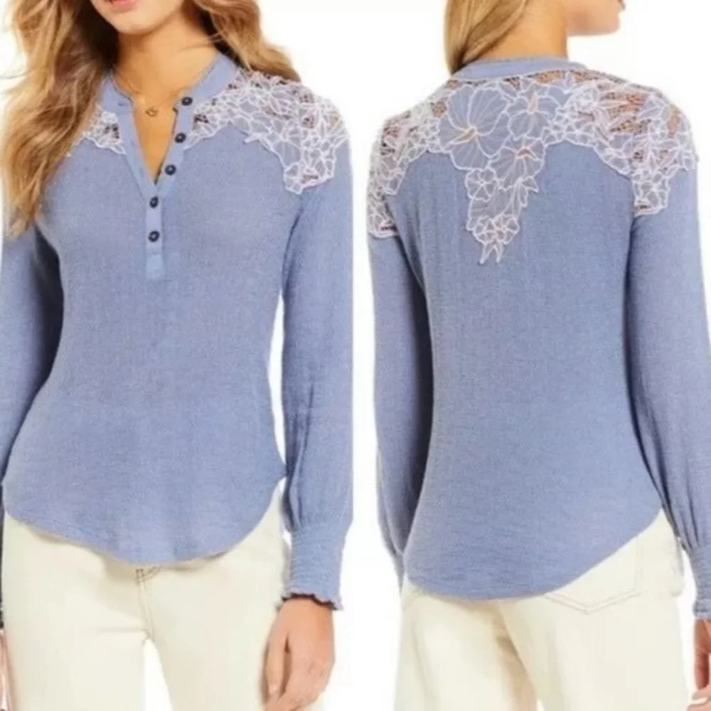 Free People Easy Breezy Henley Top tee blouse Blue